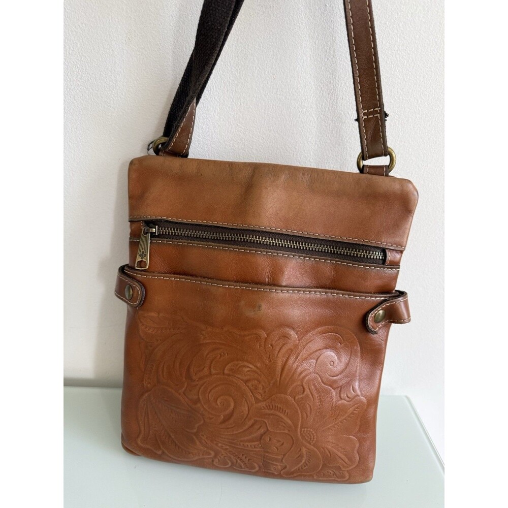 Patricia Nash Brown Leather Crossbody Bag Tooled Floral Embossed Boho